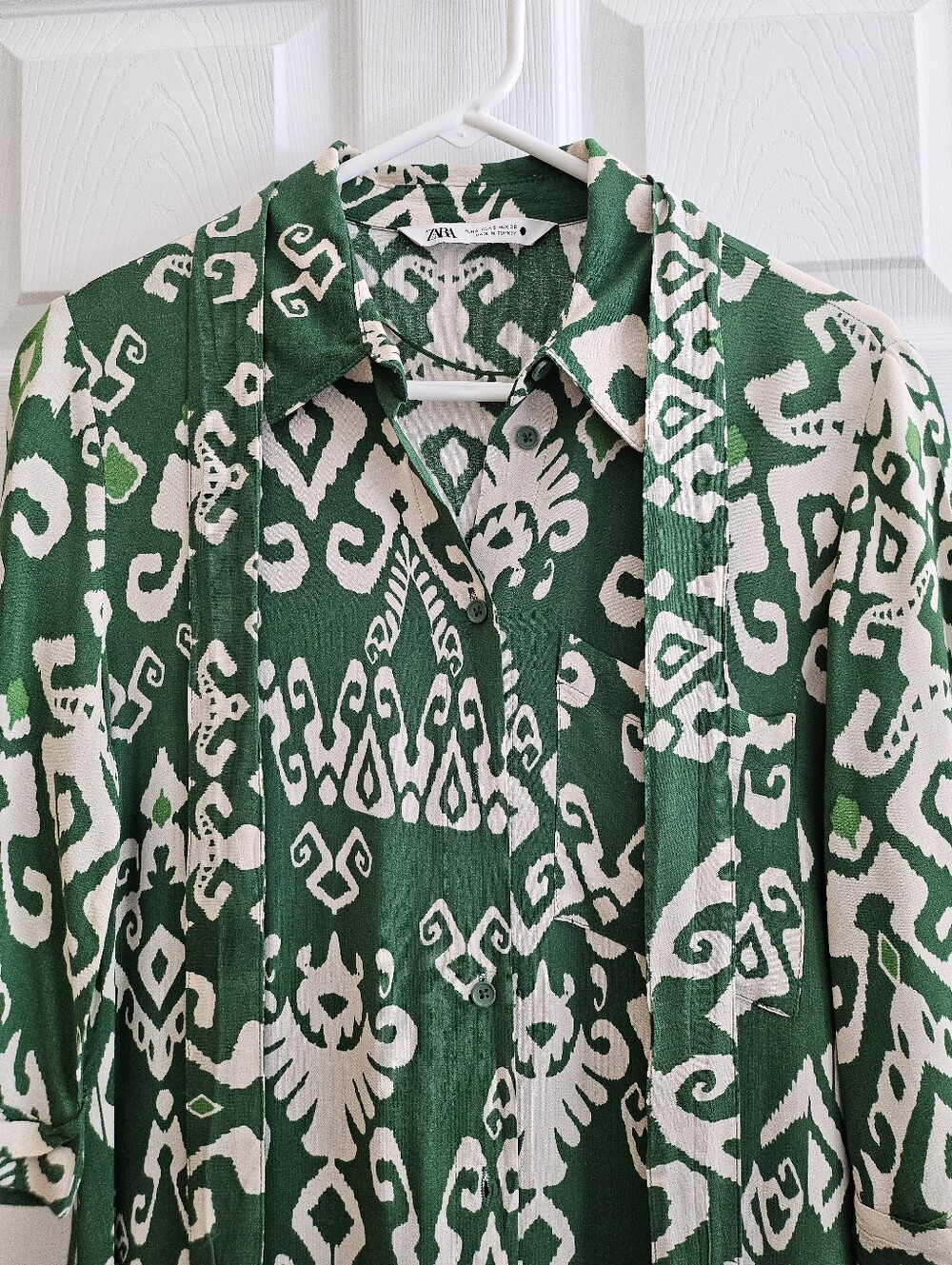 Zara Sm Belted Maxi Dress Green Print Button Up 3/4 Sleeve Belted